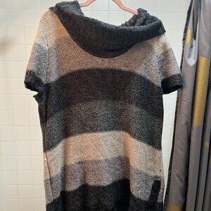 Debbie Morgan Woman 1X Chunky Knit Cowl Neck Sweater Poncho Top Neutral Striped